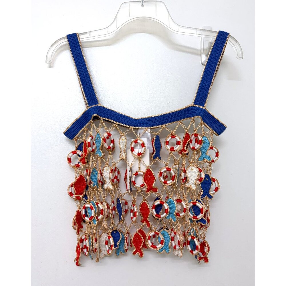 NWT My Beachy Side Poisson Knit Crochet Tank Top Blue Fish Nautical Inner Tube M - Picture 8 of 11